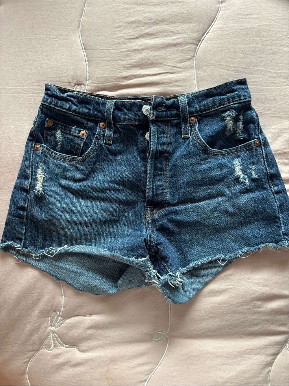 Levi's Dark Blue Distressed Denim Cutoff Shorts